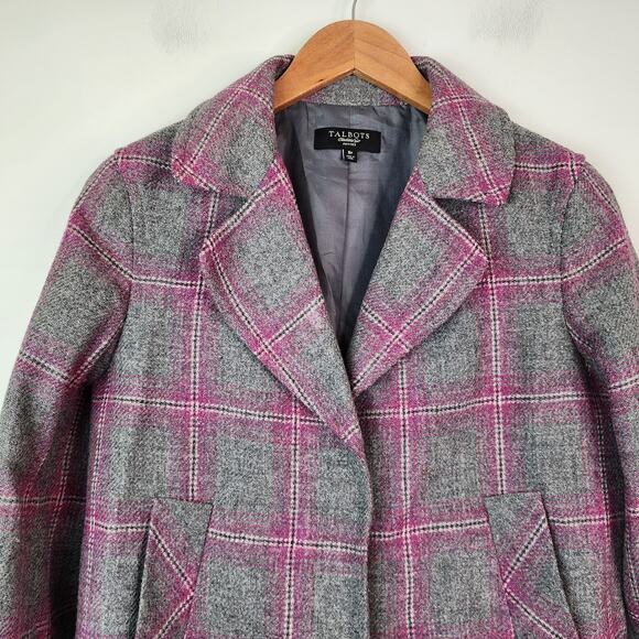 Talbots Gray & Pink Plaid Wool Blazer Size 8 PETITE Button Jacket - Picture 2 of 9